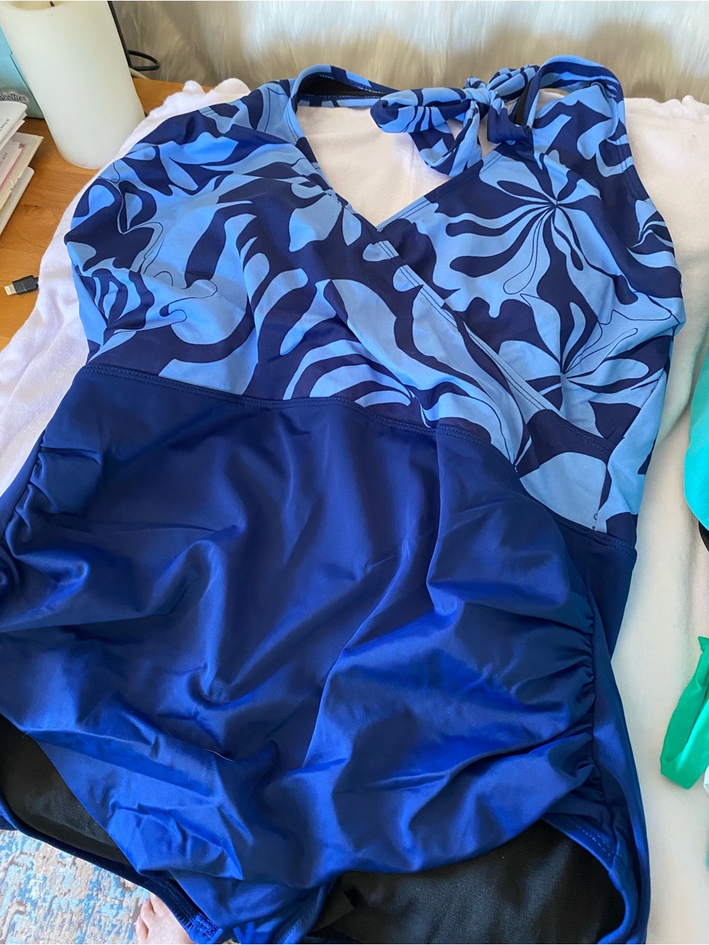 Women’s Blue Floral Wrap One-Piece Swimsuit